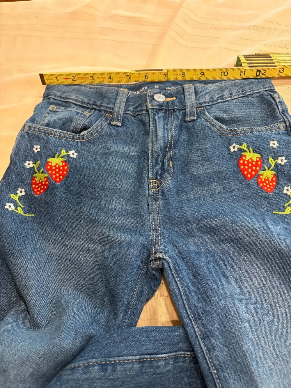 Girls 10 Old Navy Blue Wide-Leg Jeans with Strawberry Embroidery